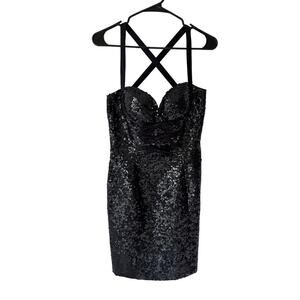 Vtg Niteline Womens Sequin Babydoll Mini Dress 6 Black Bow Formal Cocktail LBD